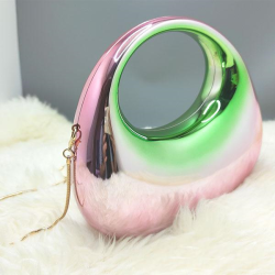 Acrylic Evening Clutch Top Handle Moon Hobo Bag, Glossy Metallic Tote Bag Pink gradient green
