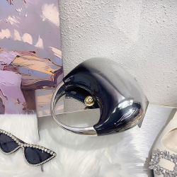 Acrylic Evening Clutch Top Handle Moon Hobo Bag, Glossy Metallic Tote Bag Black